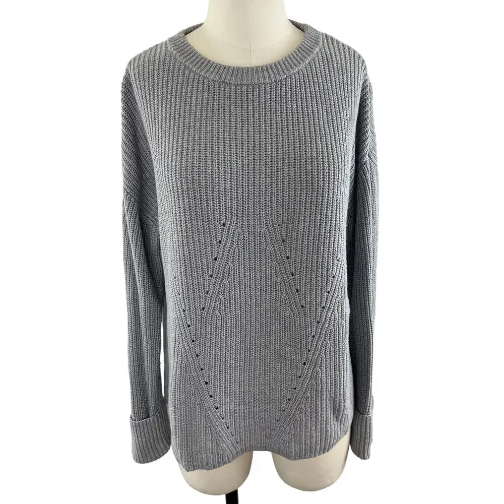 Magaschoni Cotton Blend Chunky Knit Gray Pullover Sweater Long Sleeve S Small